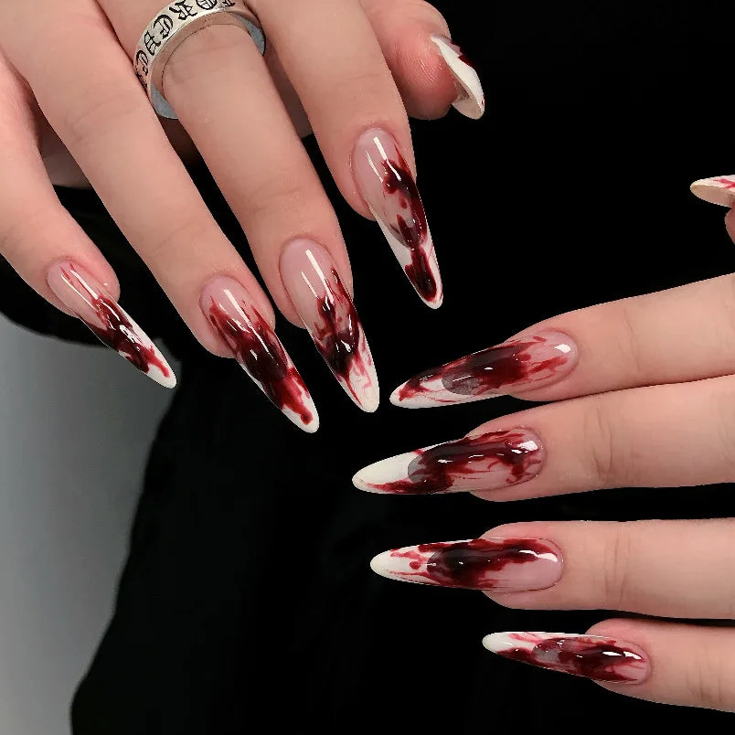 Black Halloween Nails Press on Stiletto Fake Nails Spider Web Designs Long Coffin Ballerina Wearable False Nail for Women 24Pcs