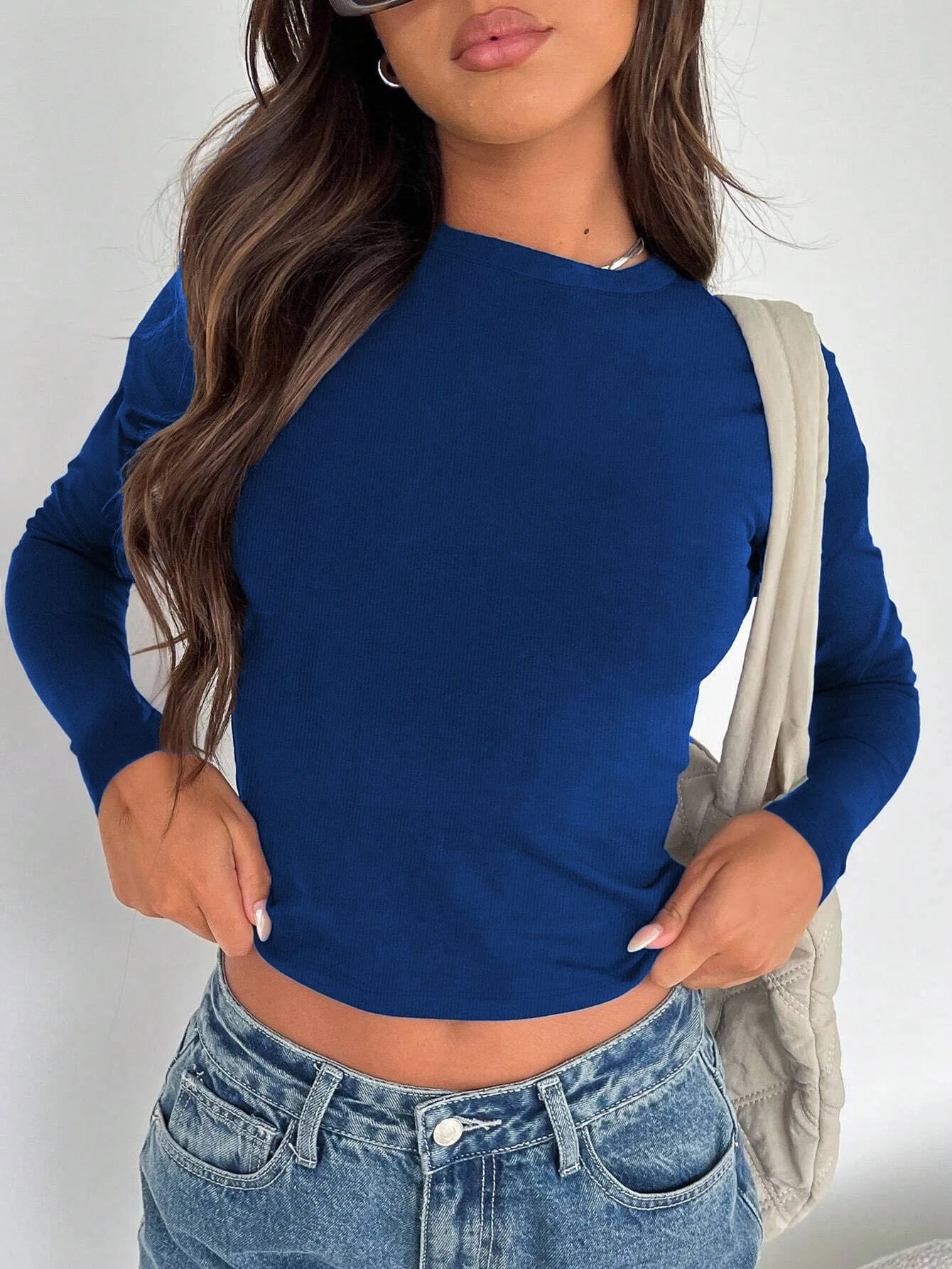 Women's Casual Solid Color Basic Slim Fit Long Sleeve T-Shirt Comfort O-Neck Crop Top Spring/Fall Streetwear