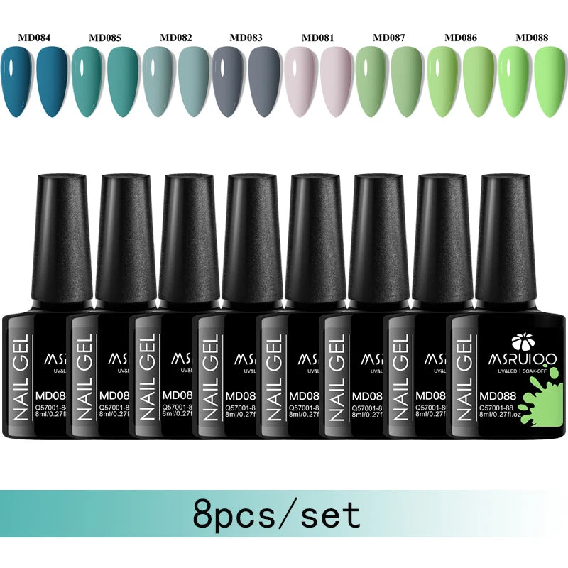 MSRUIOO 8pc Gel Nail Polish Kits Summer Colorful Semi Permanent UV LED Gel Polish Set Glitter Nail Art Varnish Design Manicure