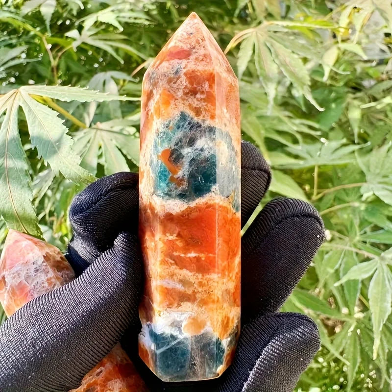 One Piece of Unique Blue Apatite Combined with Sunstone in a Crystal Tower Form - a Natural Gradient from Orange to Blue