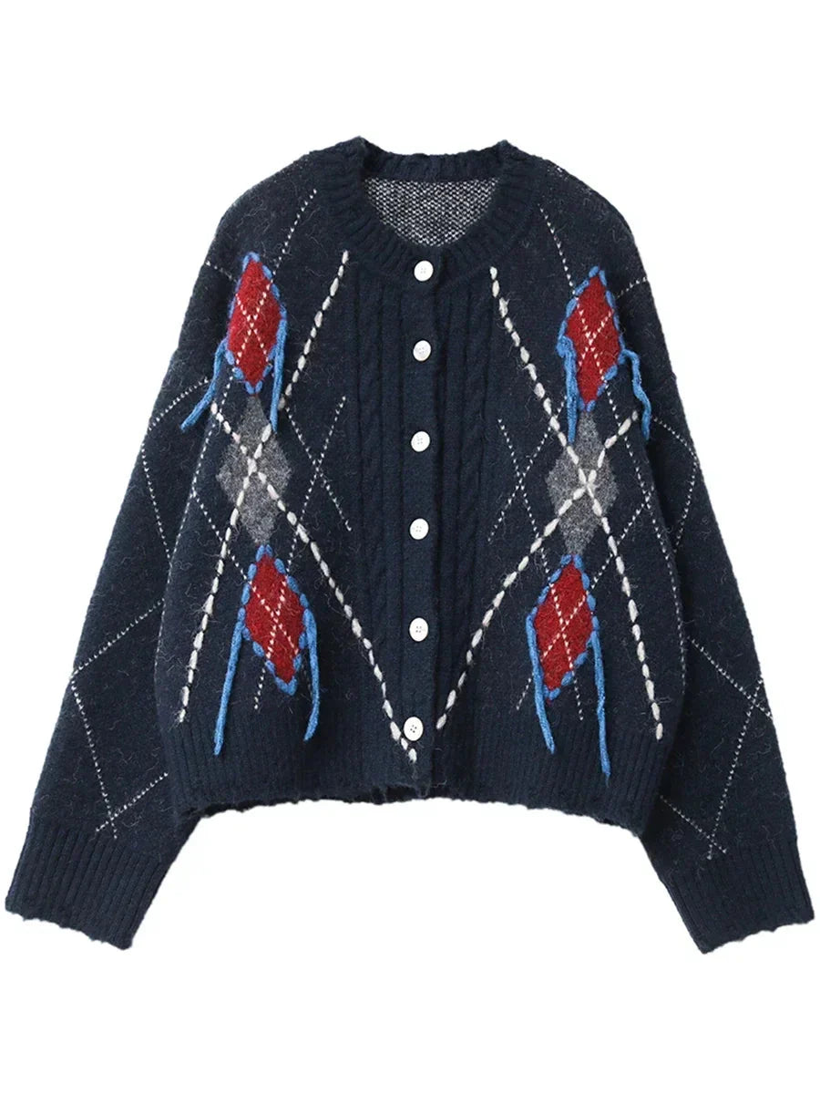 Vintage Diamond Knit Cardigan Warm Autumn Winter Sweater