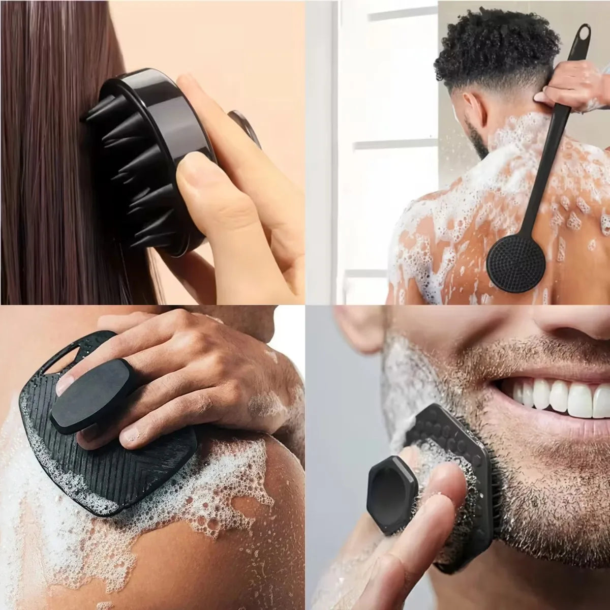 Collage of a black scrubber being used on various parts of the body.