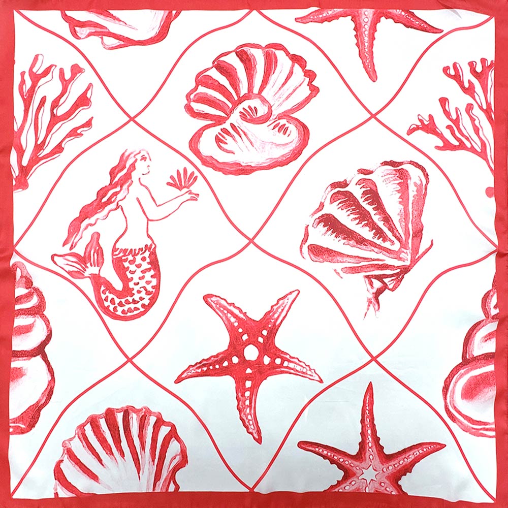 Mermaid Seashell Starfish Pattern Printed Square Silky Satin Bandana Scarf