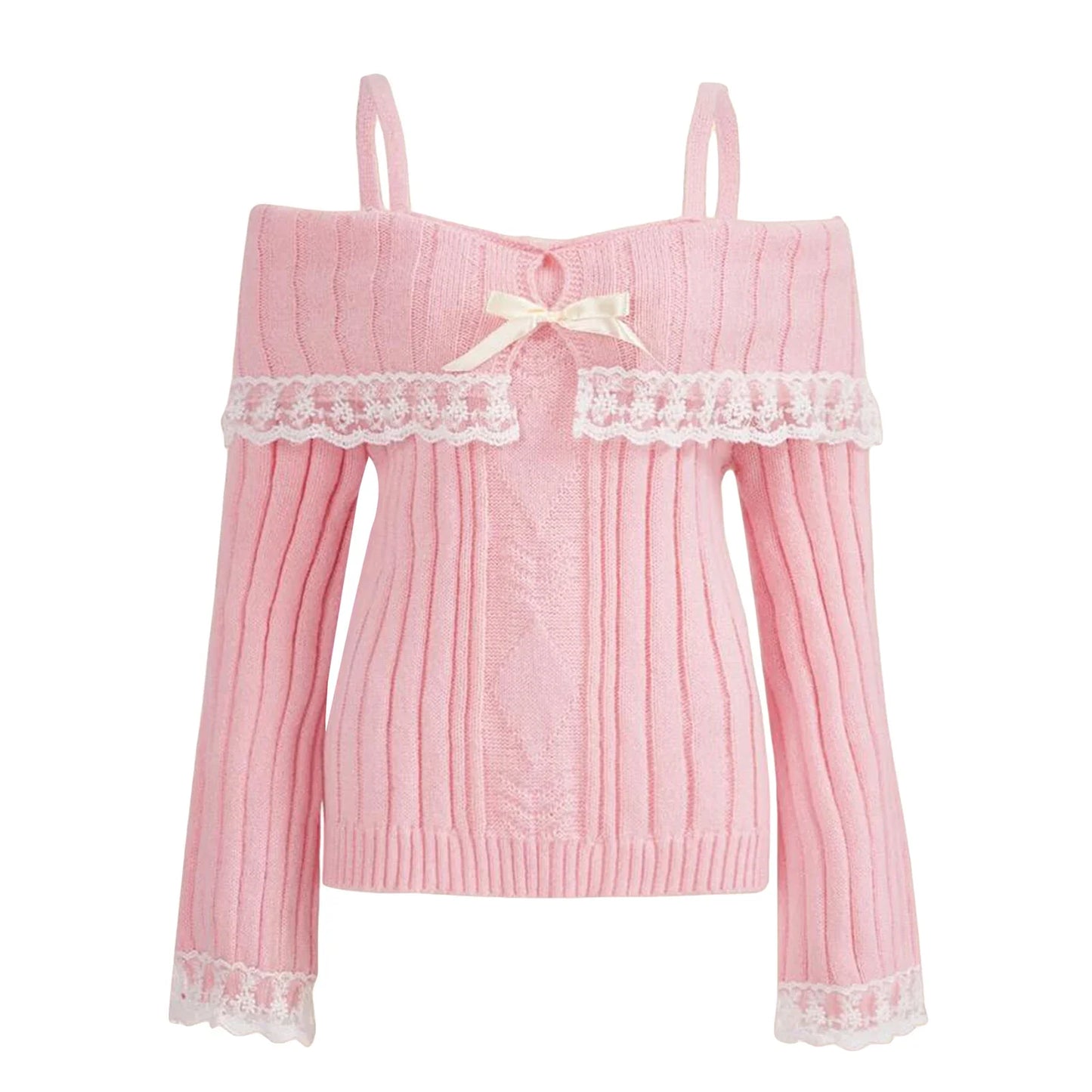 Women Long Sleeve Contrast Lace Knit Pullovers Autumn Winter Cold Shoulder Sweaters Bow Front Jumper Tops Beige/Pink