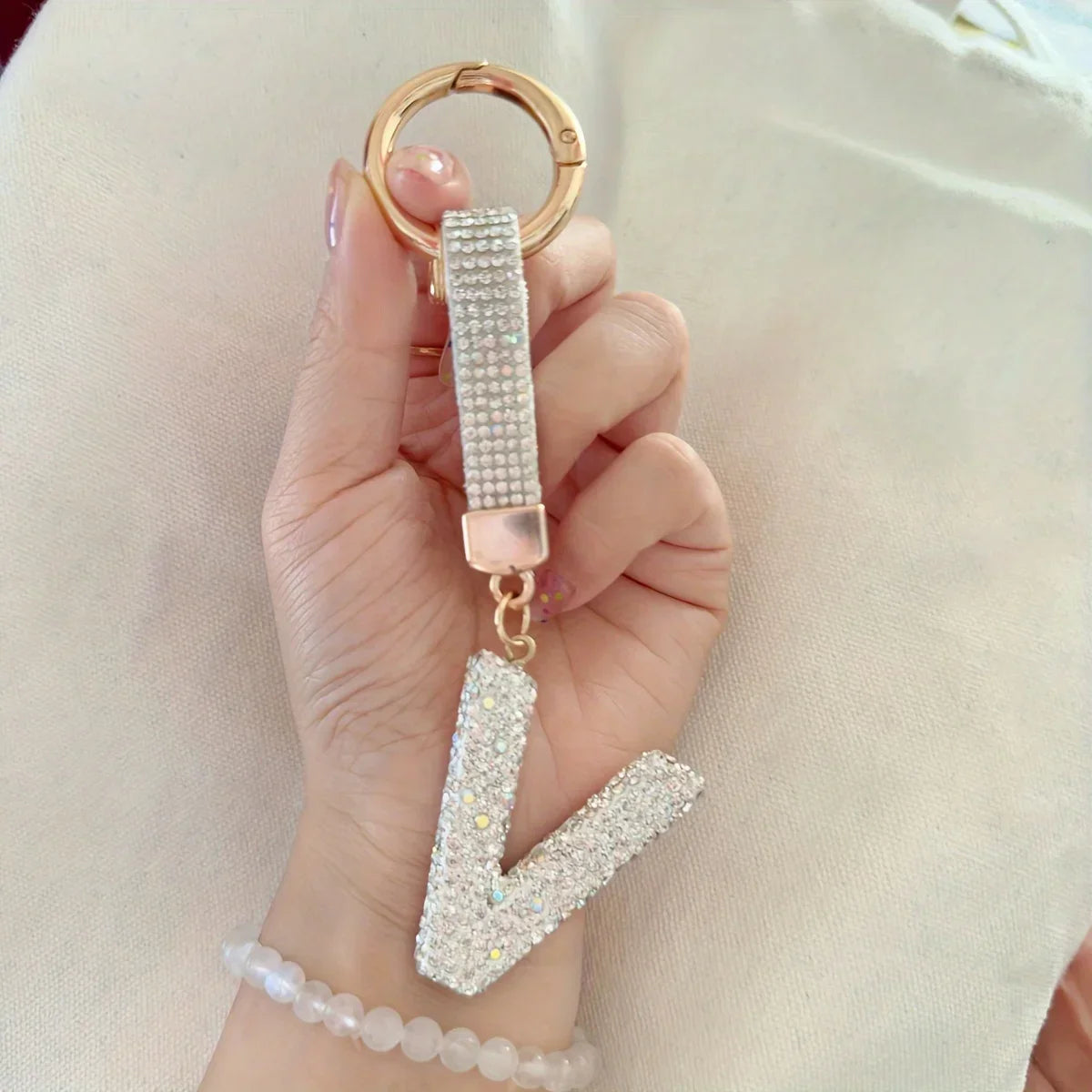 1pc Sparkling Rhinestone Alphabet Keychain, Alloy Round Letter Charm with Ring Buckle, Decorative Crystal Pendant Accessory