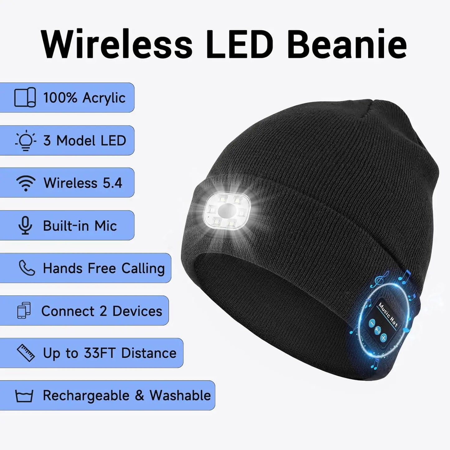 Bluetooth Beanie - Night Run Marathon Night Fishing Bluetooth LED Light Warm Cap USB Rechargeable Music Knitted Cap 3 Gear Light Adjustment Cap