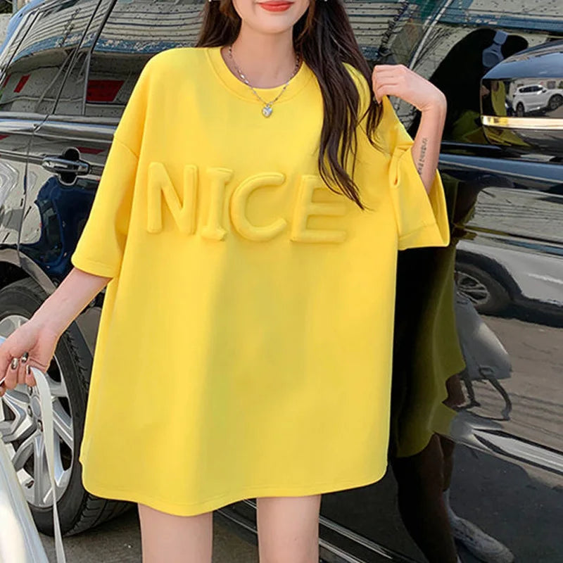 "NICE" 3D Letter Loose Casual Versatile Oversized Mid Length Short Sleeved T-Shirt