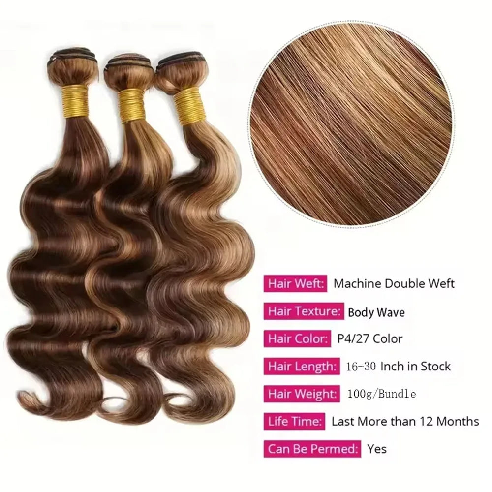 P4/27 Extension Brazilian Hair Weave Bundles 16-30 Inch Body Wave Bundles 100% Brazilian Human Hair Wig 180 Density For Women
