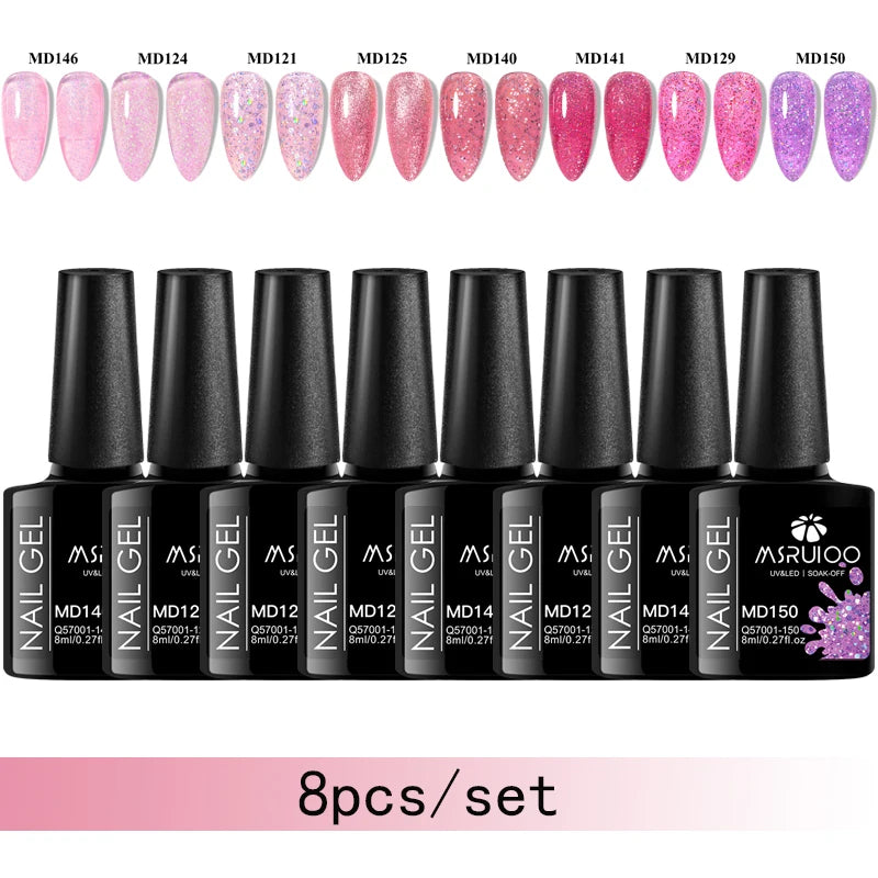 MSRUIOO 8pc Gel Nail Polish Kits Summer Colorful Semi Permanent UV LED Gel Polish Set Glitter Nail Art Varnish Design Manicure