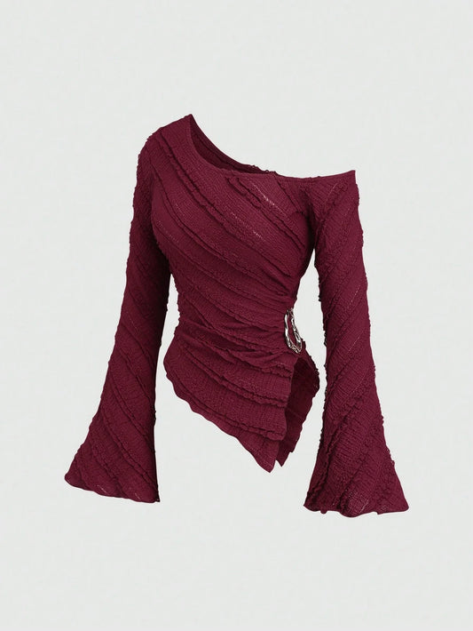 Women's Casual Textured Fabric Asymmetric Hem Flared Sleeves Blouse Commute Side Metal Decor One Shoulder Tops Spring/Fall 2026