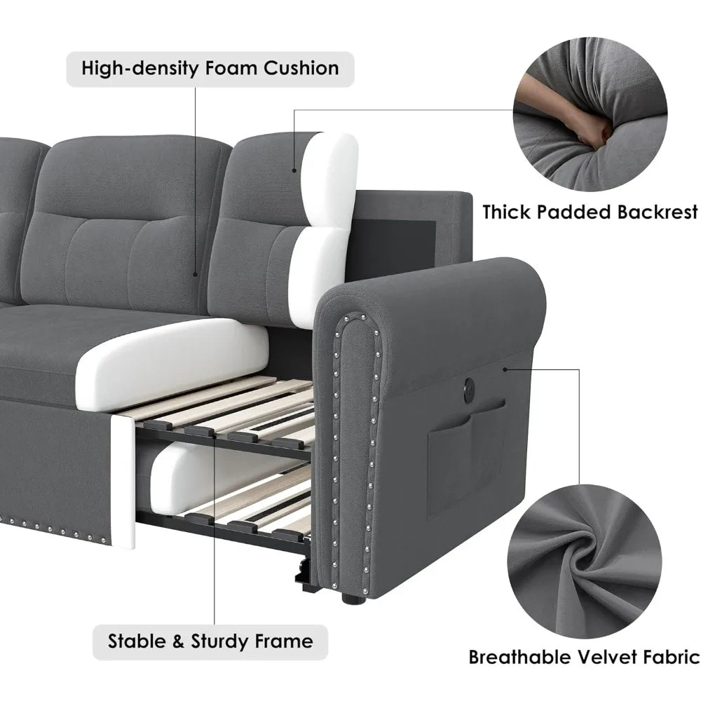 Sleeper Sofa Bed, 87'' Sectional Couch with Reversible Storage Chaise & Nailhead Armrest, Pull Out Couches for Living Room