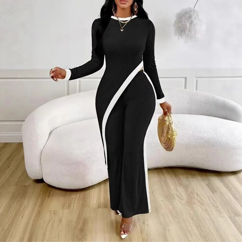 Striped Splicing Irregular Suit Round Neck Fashion Office Commuting Elegant Wide-leg Trousers Conjunto Dos Piezas Mujer Invierno