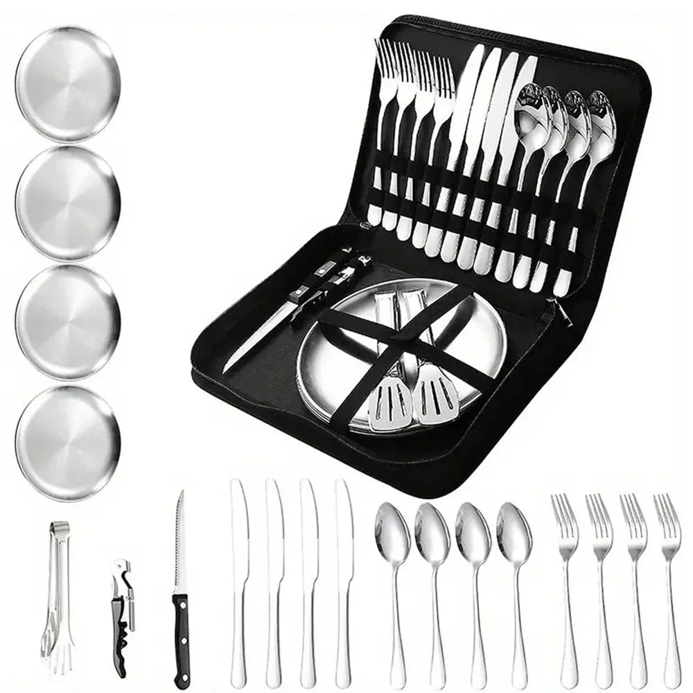 20-Piece Steel Outdoor Camping Cutlery Set Silver-0