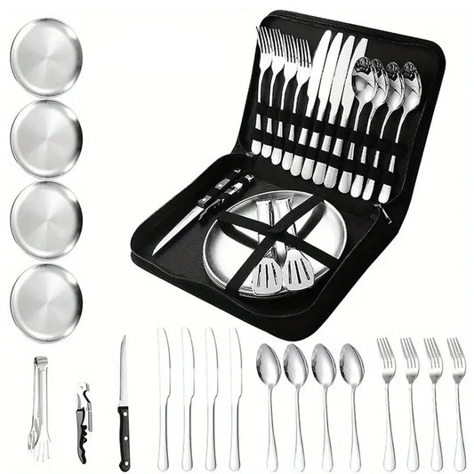 20-Piece Steel Outdoor Camping Cutlery Set Silver-0