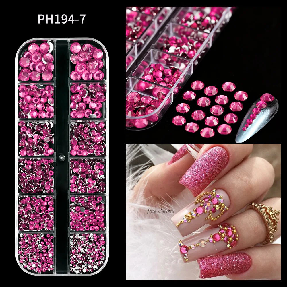 12Grids Sparkle Rose Red Crystal Rhinestones Nail Art Mixed Shape Diamonds Nail Charms Pink Blue Green AB Flatback Nail Ornament