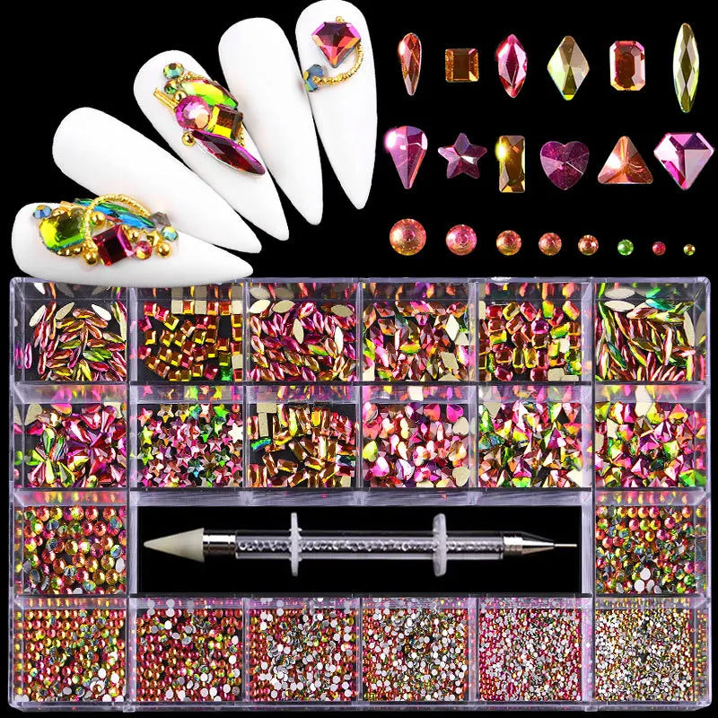 2500pcs Glass Crystal Diamond Flat Bottom Rhinestones Nail Art Decorations 21 Grid Box Nails Accessories Set With 1 Pick Up Pen