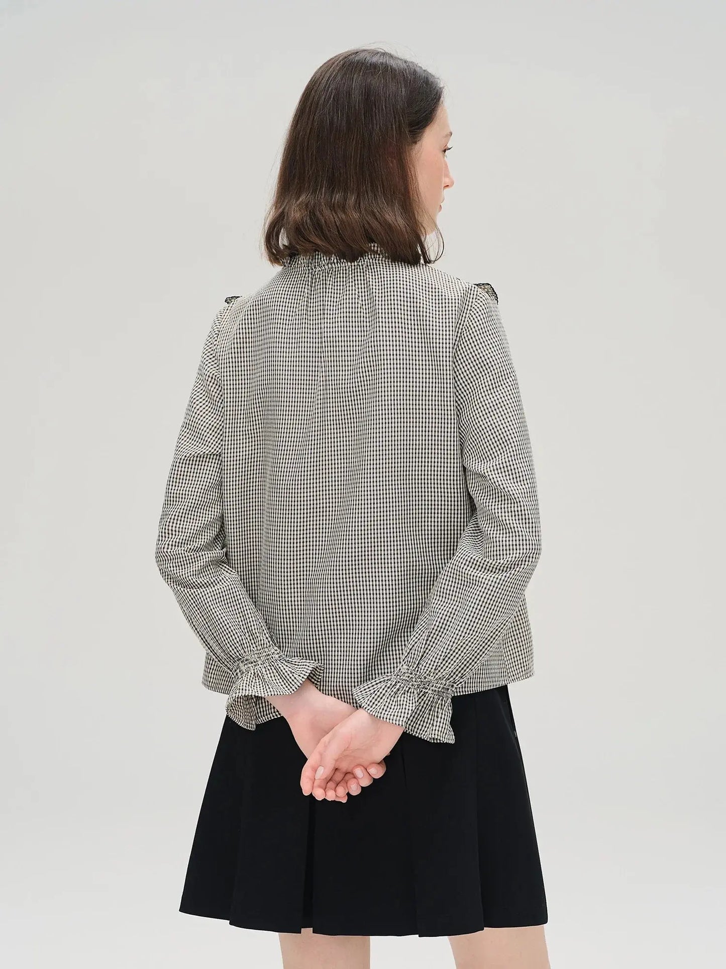 Sweet French Style Ruffled Plaid Shirt for Women