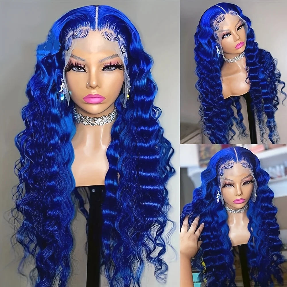 Long Blue Color 13x4 Lace Frontal Wigs Deep Wavy Hair Pre Plucked Natural Hairline Curly Wave Glueless Heat Resistant Synthetic