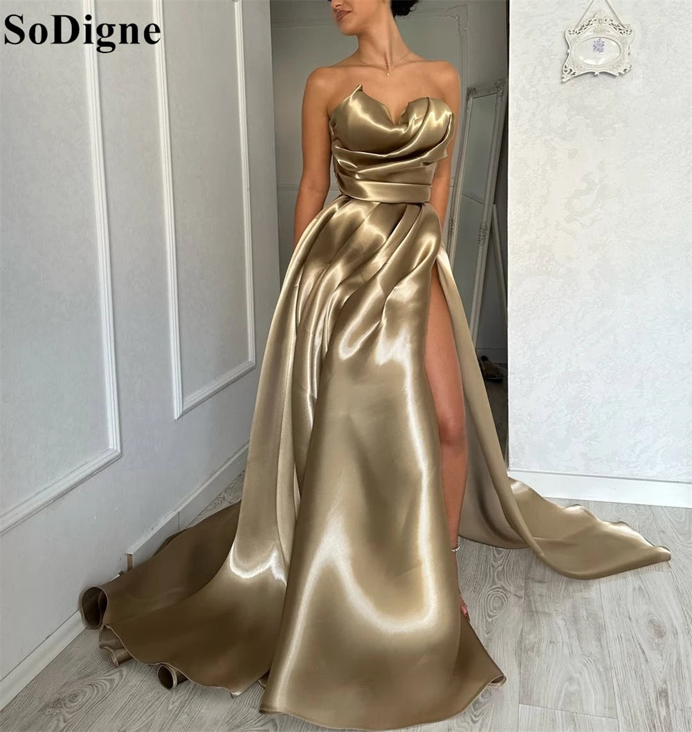 SoDigne Sexy Champagne Evening Dresses A-Line Draped High Split Strapless Pleated Party Dress 2025 Elegant Prom Gowns Customized