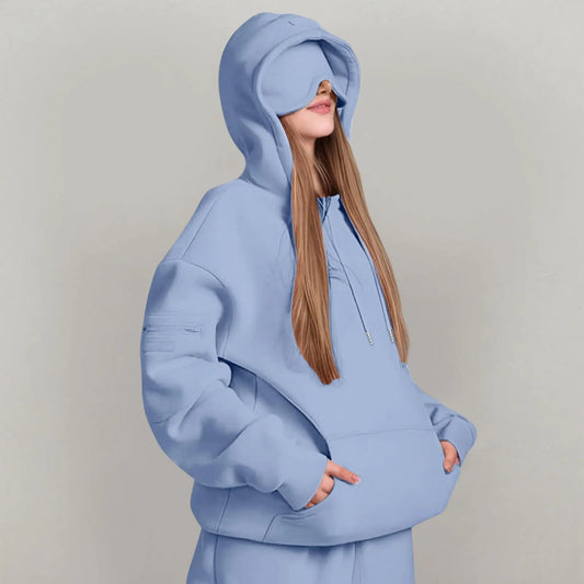 Unisex Hooded Sweatshirt With Built-In Eye Mask Casual Long Sleeved Solid Color Sports Pullover Loose Fit Sweatshirt 2025