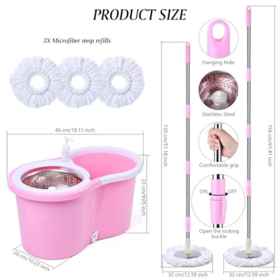 Cute Pink Mop and Bucket Set with 3 Extra Refills Pink