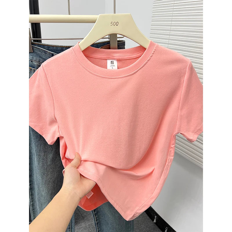 2026 Summer New High Quality Casual Plus Size T Shirt Sexy Short Sleeved Sleeves Fashion Trend Solid Women Clothing Y2k Tops
