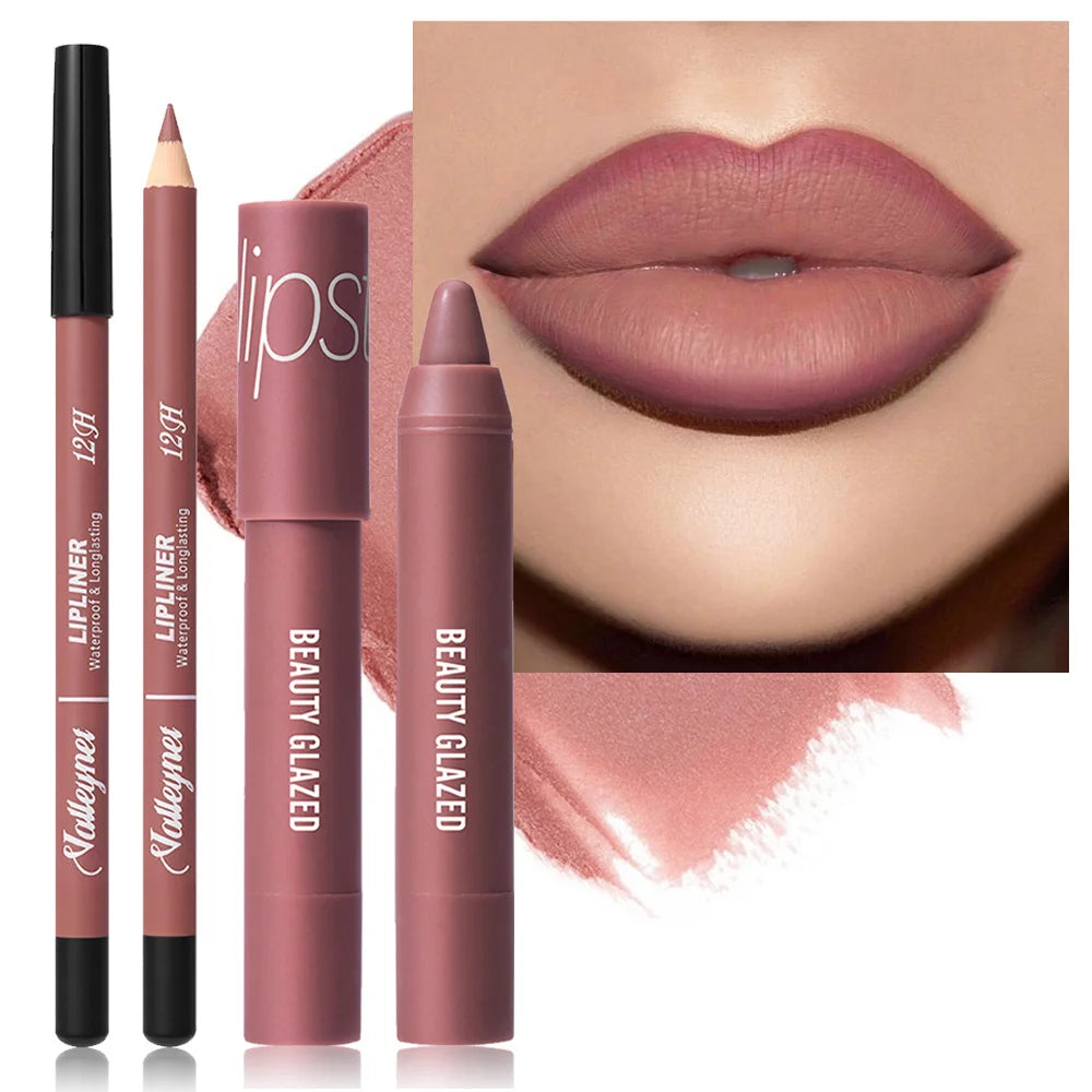 2Pcs/Set Lipliner + Lipstick Matte Waterproof Long-Lasting Lip Color Set - Lip Liner + Moisturizing Lipstick Cosmetics