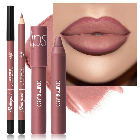 2Pcs/Set Lipliner + Lipstick Matte Waterproof Long-Lasting Lip Color Set - Lip Liner + Moisturizing Lipstick Cosmetics