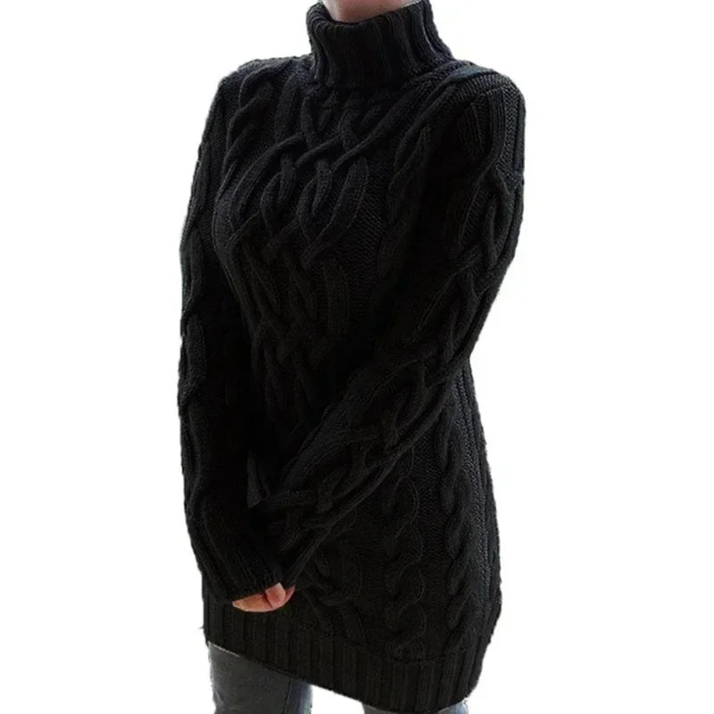 Women Fashion Long Sweater Dress High Collar Knitted Sweater Solid Color Thicken Pullovers Mini Vestidos 2024 Winter Autumn