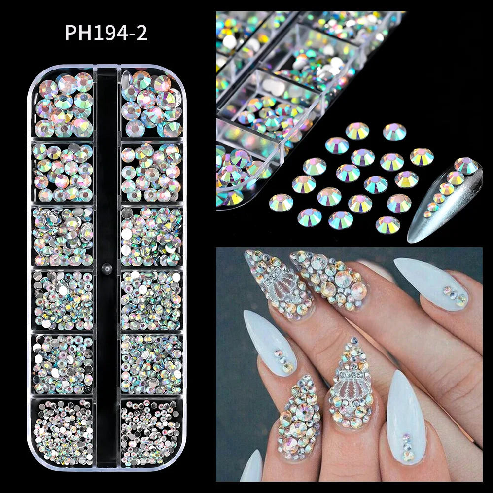 12Grids Sparkle Rose Red Crystal Rhinestones Nail Art Mixed Shape Diamonds Nail Charms Pink Blue Green AB Flatback Nail Ornament