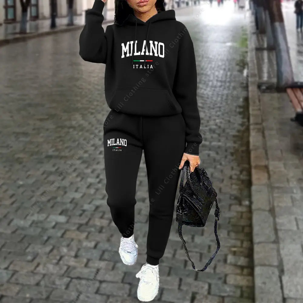2pcs MILANO Letter Print Women’s Hoodie & Pants Tracksuit Set Sweatsuits in a Variety of Colors