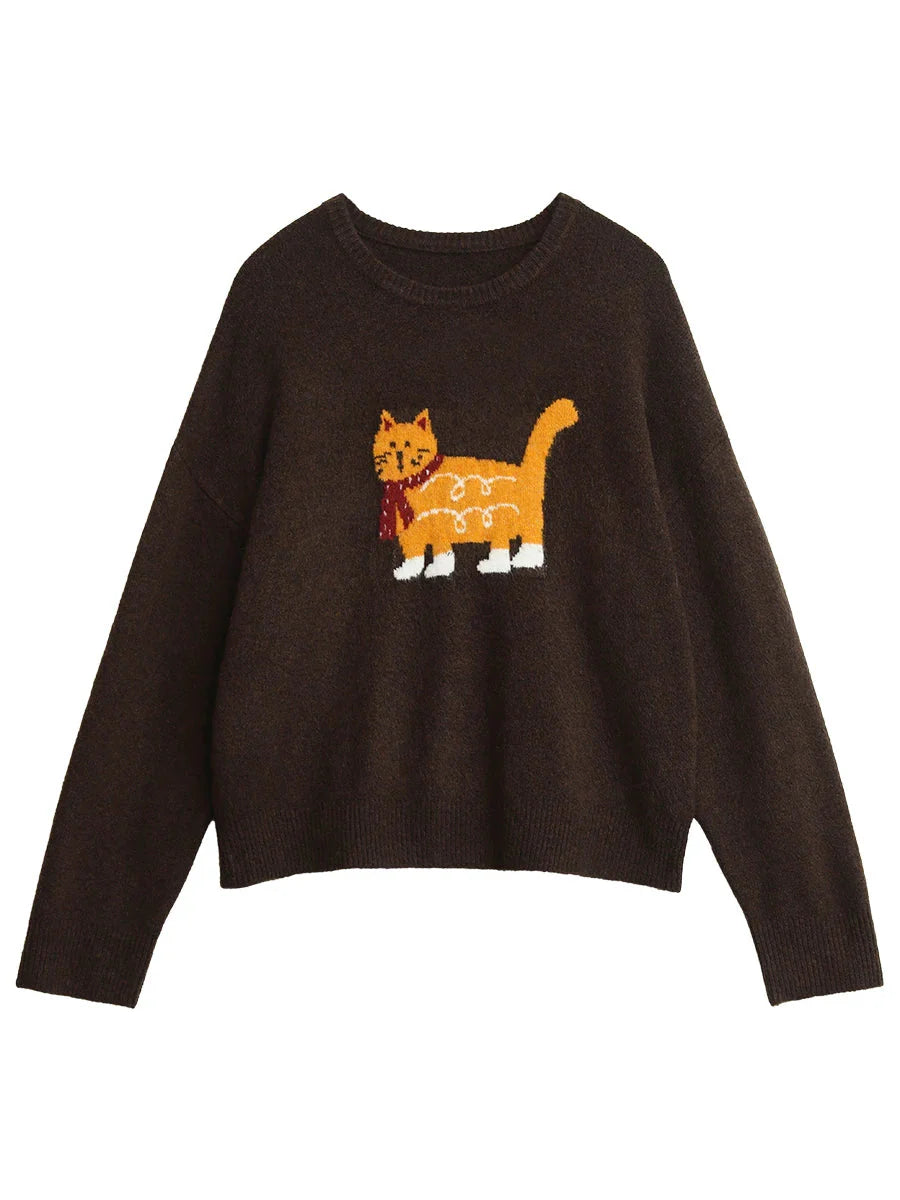 Women’s Cartoon Cat Knit Sweater Loose Casual Autumn Pullover