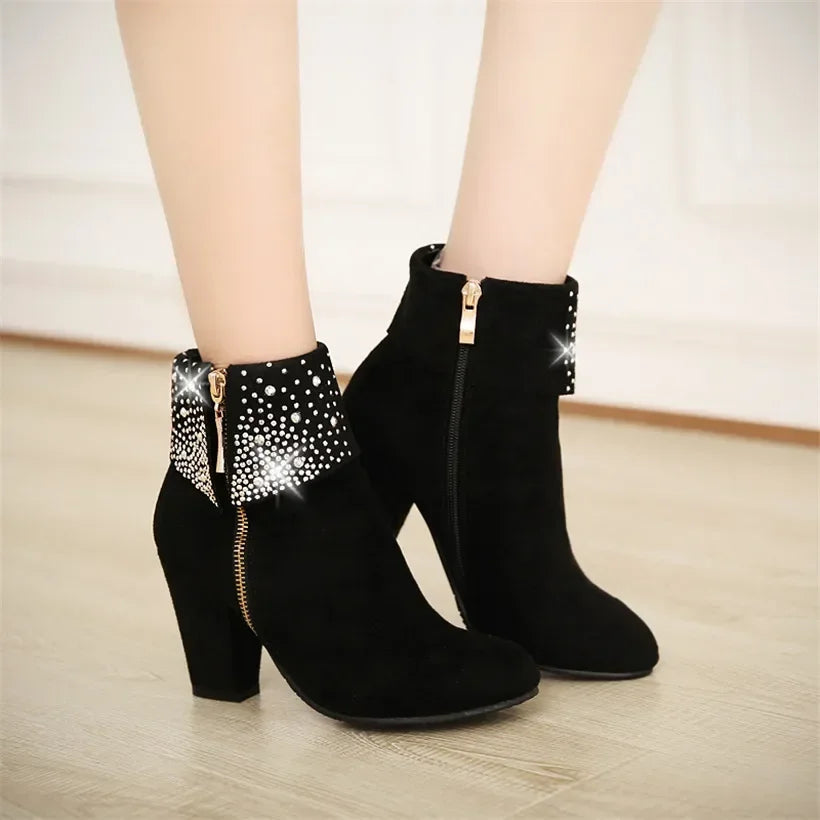 Big Size Crystal Zipper Ankle Boots Women High Chunky Heels Blue Red Quality Flock Casual Office Party Winter Ladies Short Boots