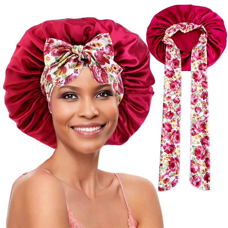 New Silky Bonnet for Sleeping Women Satin Bonnet Night Sleep Cap Large stretch printed ribbon colored nightcap hair care cap