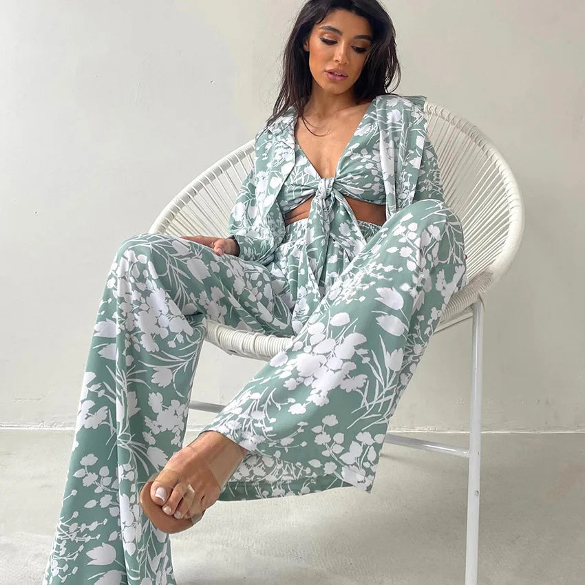 Women’s 3-Piece Floral Pajama Set Autumn Sleepwear & Loungewear