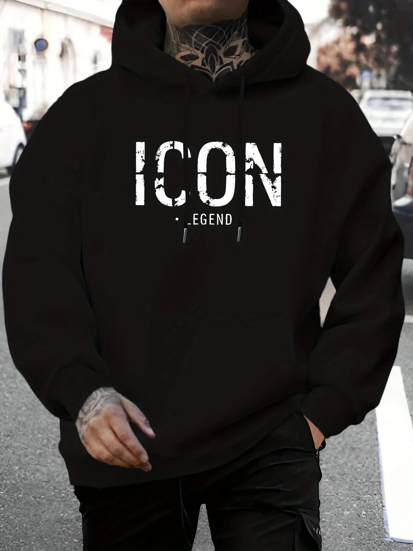 Men's Casual Pullover Sport Hoodie with "ICON" & "LEGEND" Graphic Print Fashion Hoodie