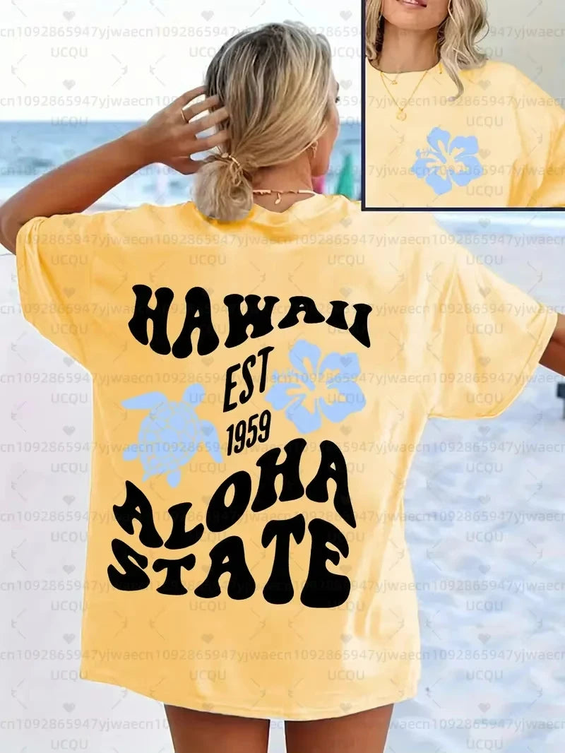 Women's "Let'S Go Hawaii" Graphic T-Shirt Hibiscus Print Casual Short Sleeve Crew Neck Top Beach Outings and Tropical Vibes