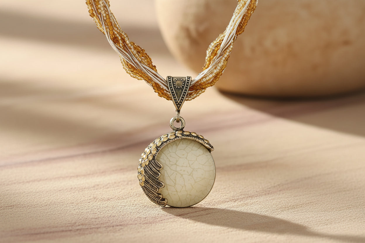 Necklace with a beige pendant on a beige background, featuring the brand 'KiSMiS'.