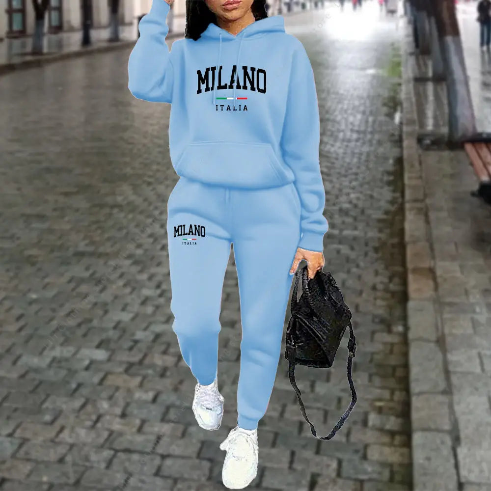 2pcs MILANO Letter Print Women’s Hoodie & Pants Tracksuit Set Sweatsuits in a Variety of Colors