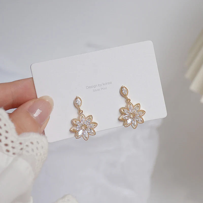 14K Real Gold Dainty Korean Flower Earrings for Women | Bling AAA Zirconia Stud Earrings