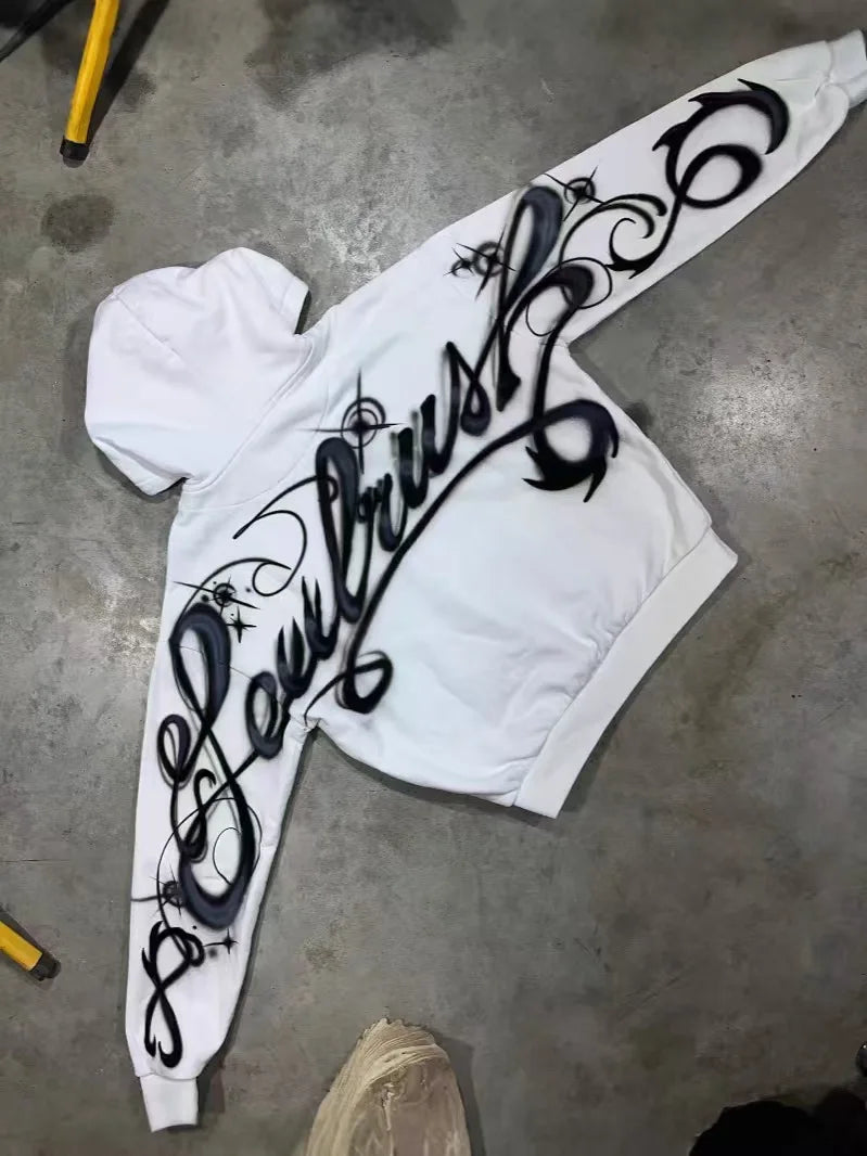 Y2k High Street Trend White Oversized Letter Print Loose Men Women Retro Harajuku Casual Hip Hop Pullover Hoodie Sweatshirt