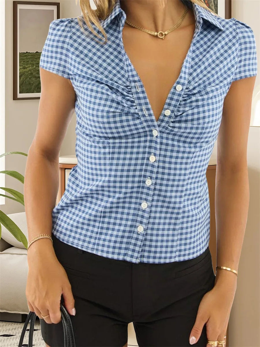 Women's Short Sleeve Plaid Shirt with Button Closure Stylish Top for Everyday Casual Wear in the City