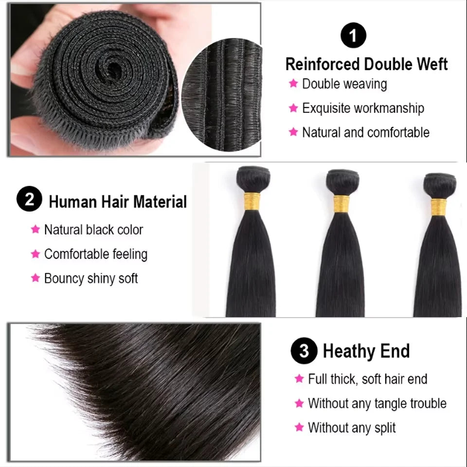 Raw 100% Virgin Brazilian Straight Remy Human Hair Bundles 1/3/4 Pcs 8-40 Inch Extensions