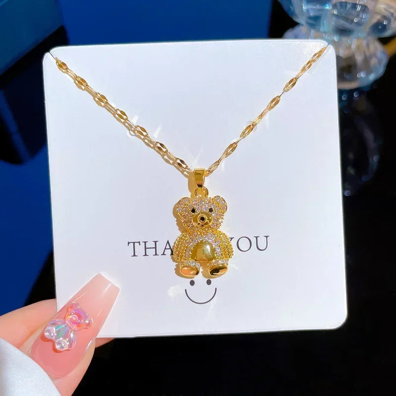 Gold Color Stainless Steel Chain Cute Shiny Zircon Bear Pendant Necklaces for Women Girls Lovely Luxury Jewelry Accessories Gift