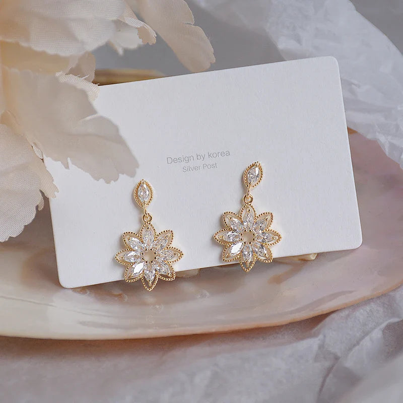 14K Real Gold Dainty Korean Flower Earrings for Women | Bling AAA Zirconia Stud Earrings