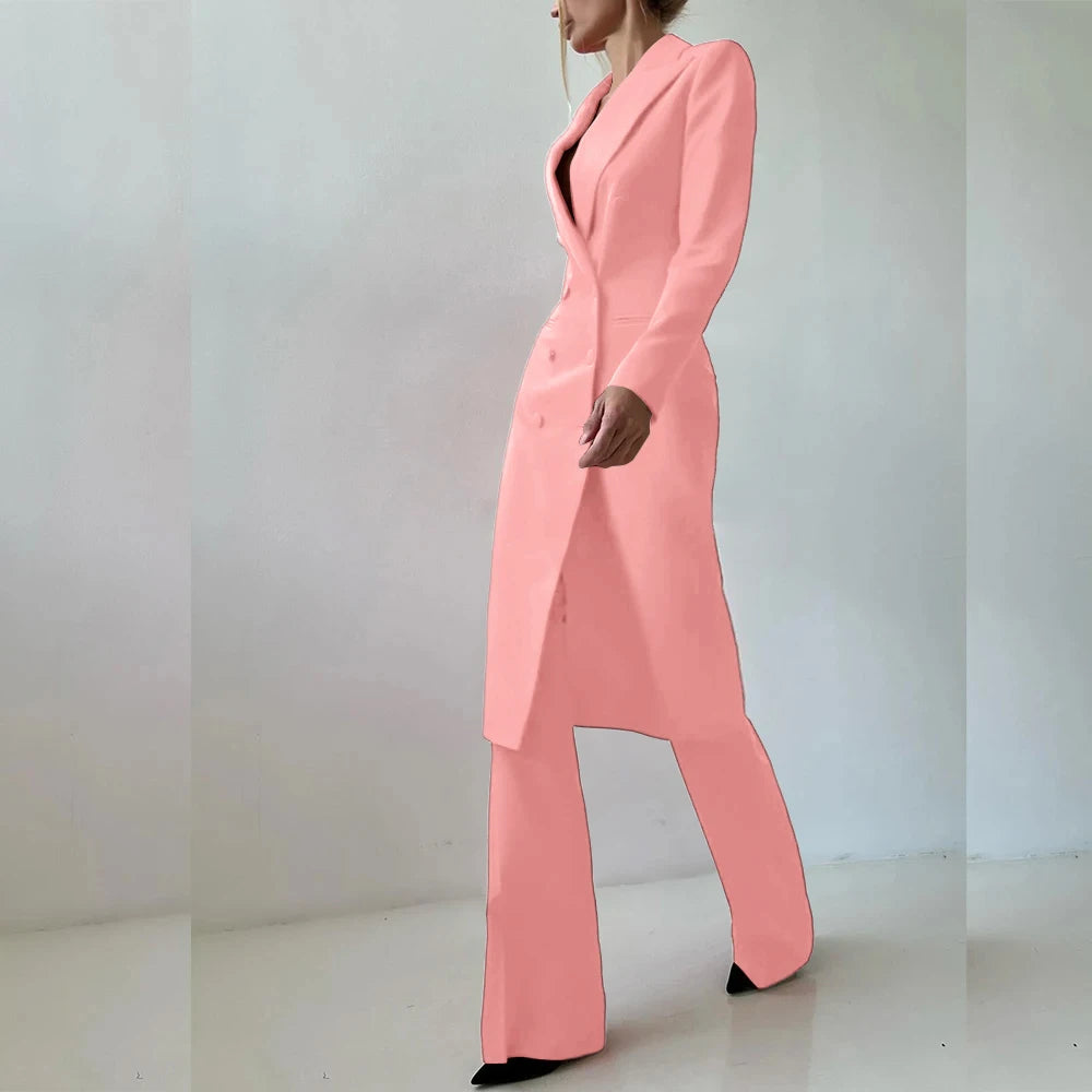 Customized Elegant Slim Fit Women's Suits 2 Piece Blazer Double Breasted Peak Lapel Long Jacket Pants Sets Fashion Clothing 2025