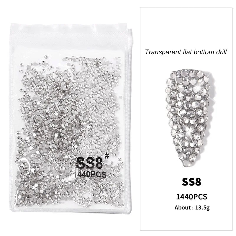 1440pcs Nail FlatBack Crystal Rhinestone Clear/AB Glass Strass (SS3-SS20)3D Nail Gem Stones Non-HotFix Nail Rhinestone 1.3-4.8mm
