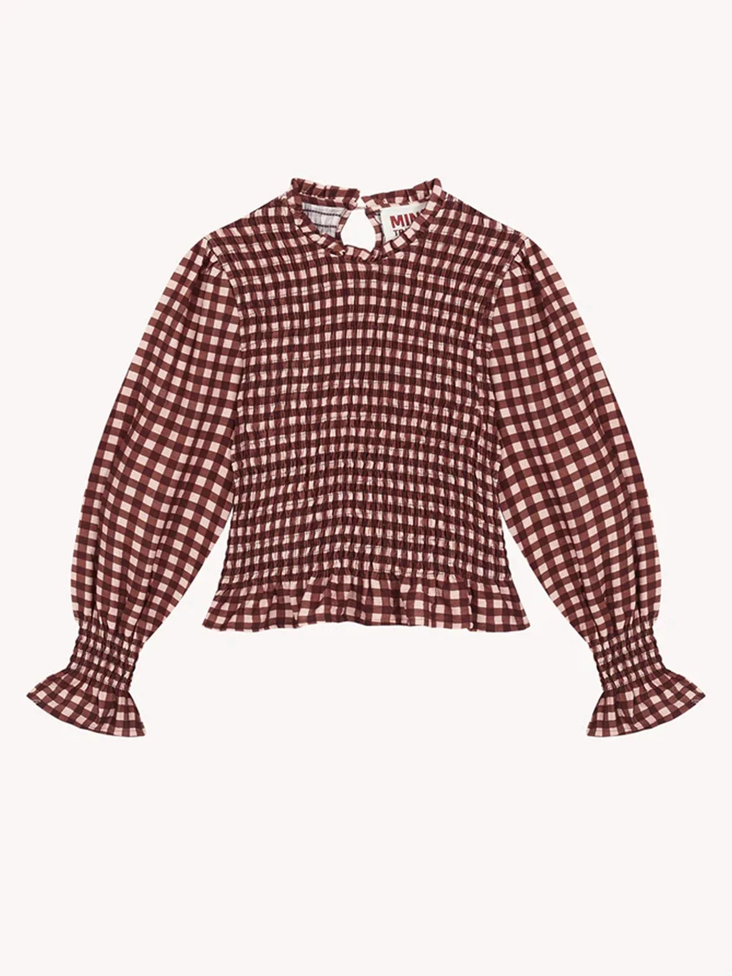 Women Fashionable Casual Round Neck Smocked Bubble 3/4 Sleeve Tops Summer Fall Plaid Print Ruffled T-shirts