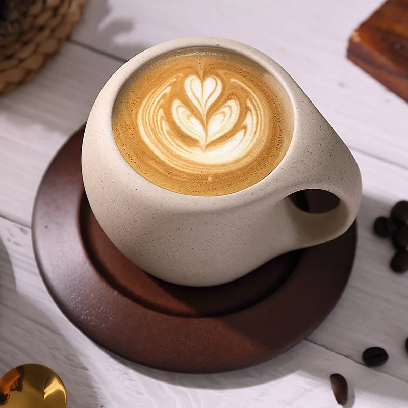 1-2 Sets Ceramic Coffee Cup and Plate Set Vintage Latte American Coffee Cup Wooden Coaster