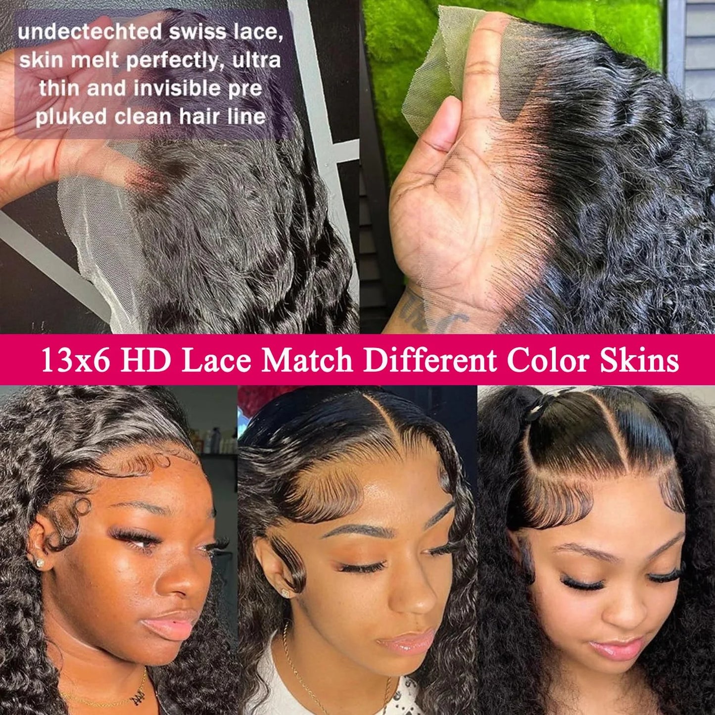 42Inch 250% Density Deep Wave GLUELESS Lace Front Human Hair Wigs HD Transparent 13x6 Lace Frontal Wigs Wet and Wavy Human Hair Wigs